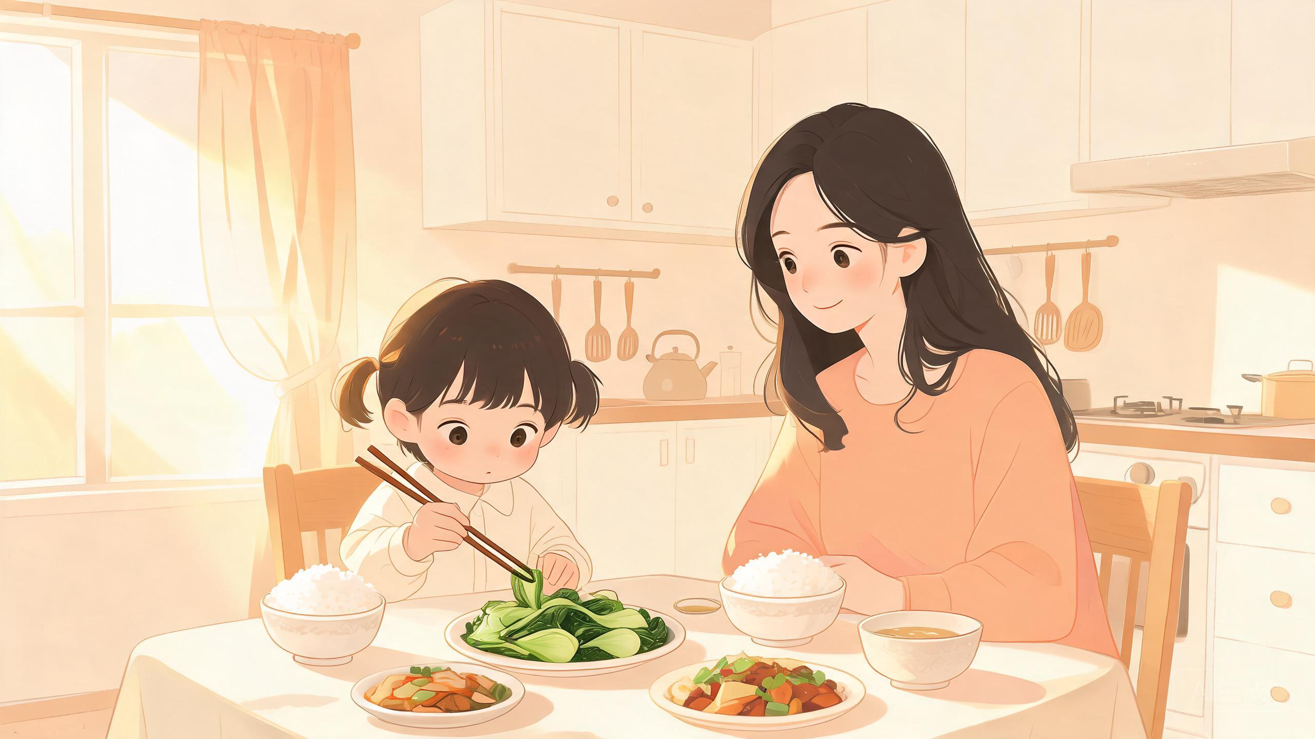 餐桌观察：妈妈温柔观察孩子夹菜