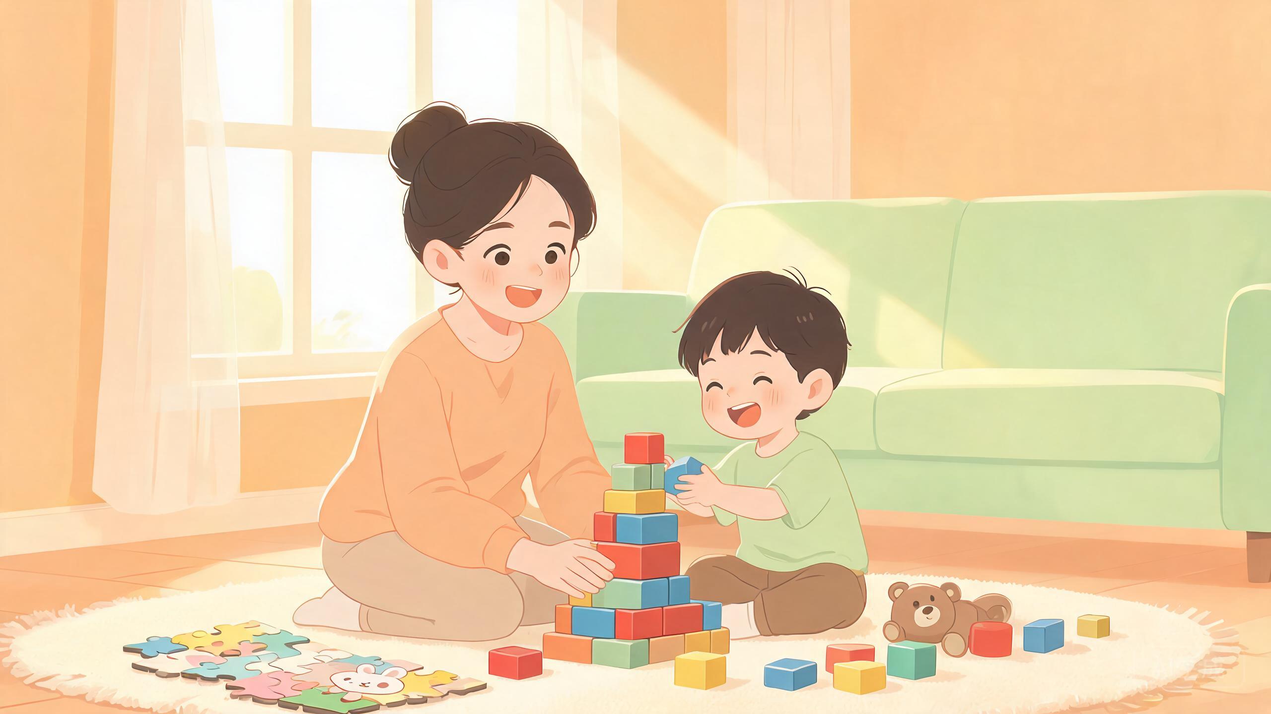 游戏陪伴：妈妈和孩子在地毯上搭积木
