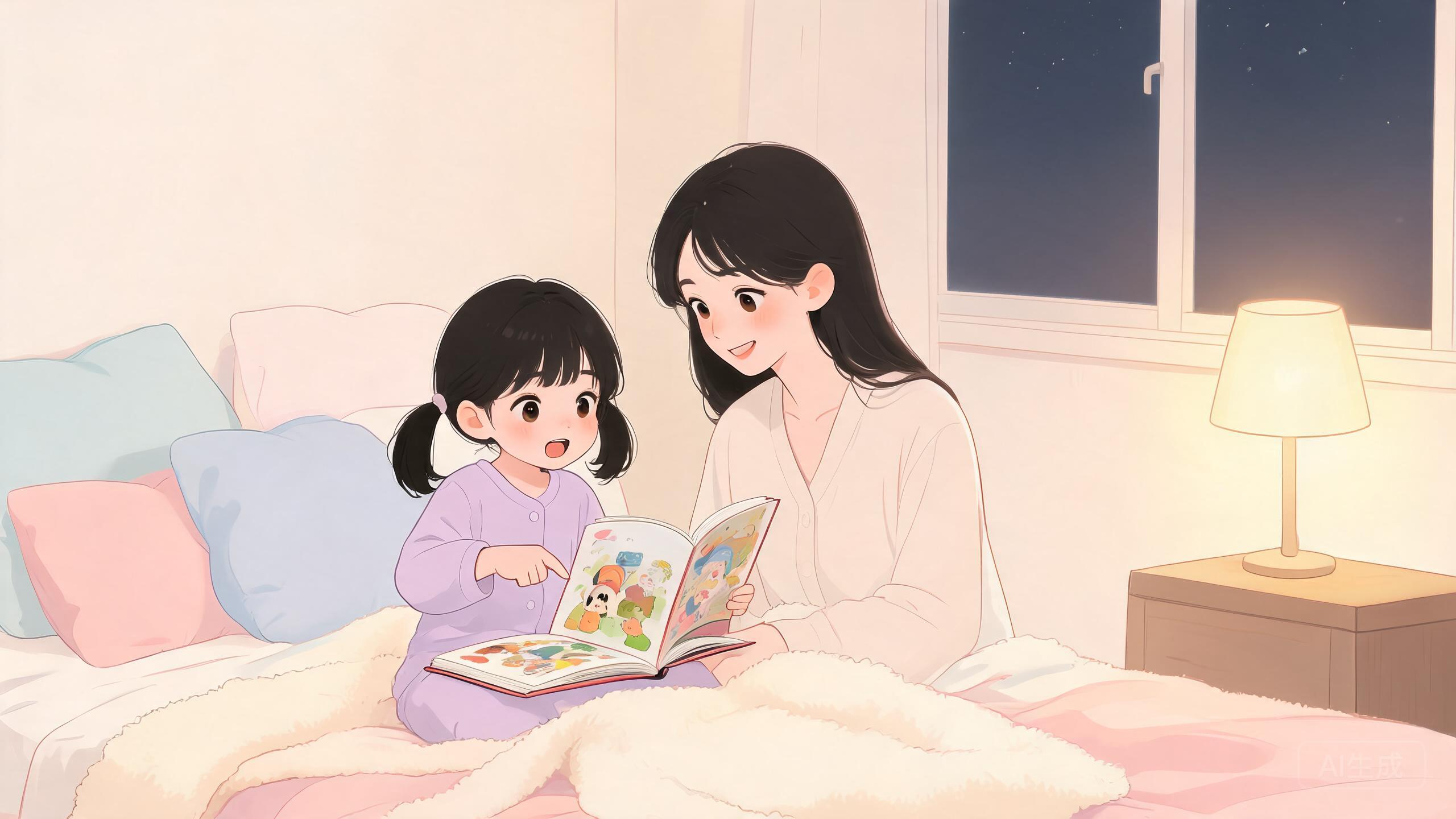 睡前共读：孩子指着绘本画面给家长讲解